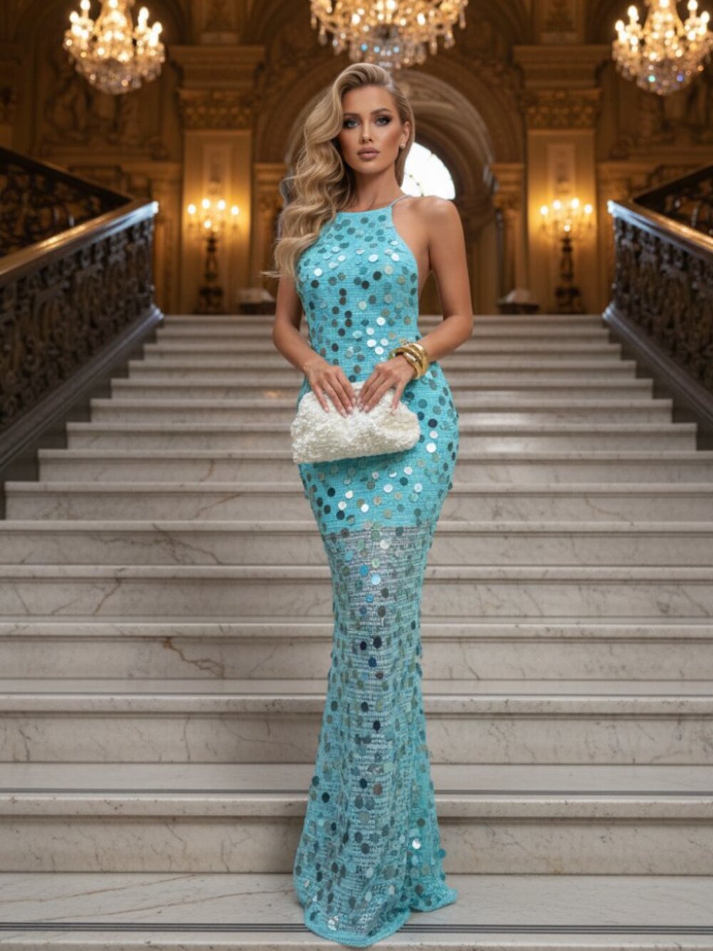 Blue Party Women's Elegant Sequin Knit Backless Bodycon Dress
